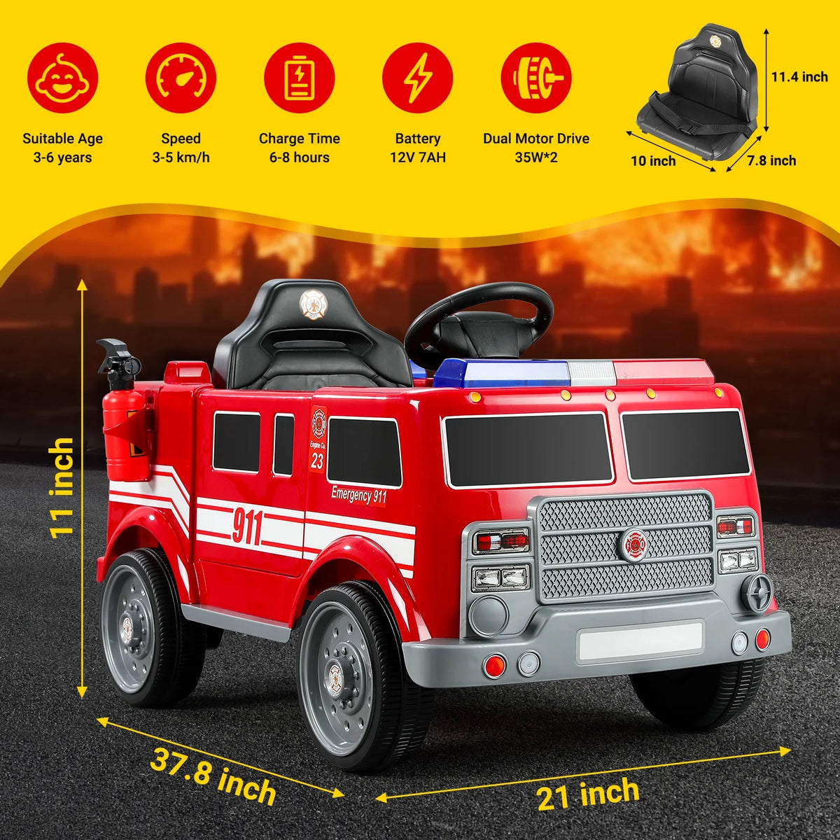 Bobiber Ride on Fire Truck, 12V Battery Powered Ride-On Toy Vehicle with Remote Control, Megaphone, Flashing Lights, Siren and Fire Extinguisher - For Boys and Girls Ages 3-6