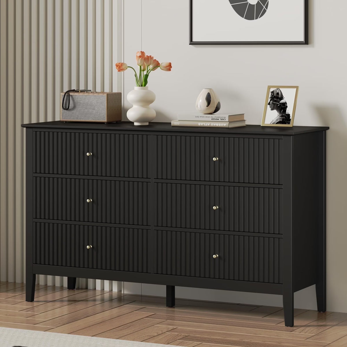 May Color Large White 3 Drawer Dresser Set of 2 with Fluted Panel, Modern Chest of Drawers with Silent Slide Drawers, Wood Accent Nightstand with Storage for Bedroom Living Room, Hallway