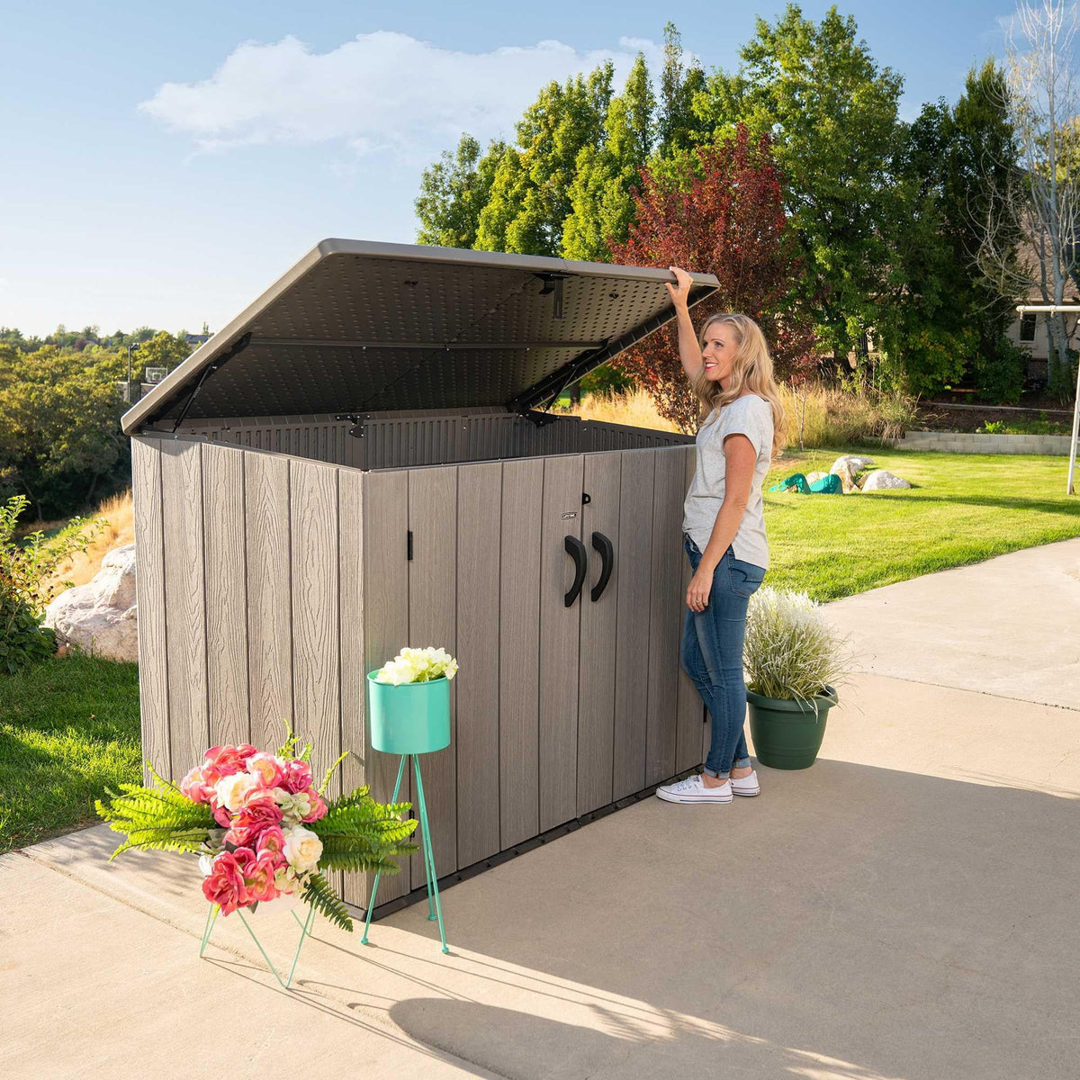 Lifetime Lockable DIY Polyethylene Horizontal Storage Shed, 75 cubic ft., Light Brown (60341)