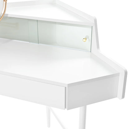 MODERNLUXE Corner Makeup Vanity Desk with Folding Mirror and Lights,Modern Vanity Set with 1 Stool,2 Drawers and 3 Shelves for Bedroom,Women, and Girls,Walnut