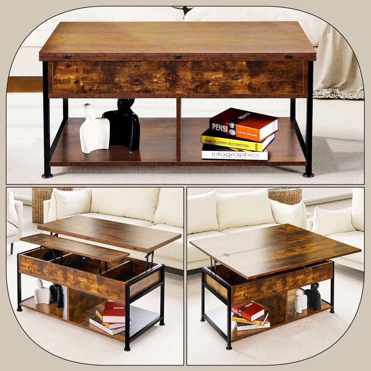 MONVANE 40" Lift Top Coffee Table with Storage for Living Room, Rustic Brown