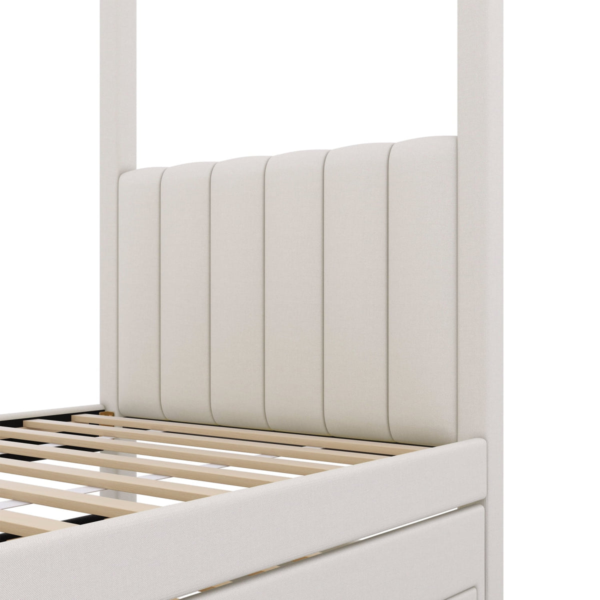Harper & Bright Designs Twin Size Upholstery Canopy Platform Bed with Trundle and 3 Storage Drawers, Captain Platform Bed Frame with 4-Poster Canopy Roof, Beige