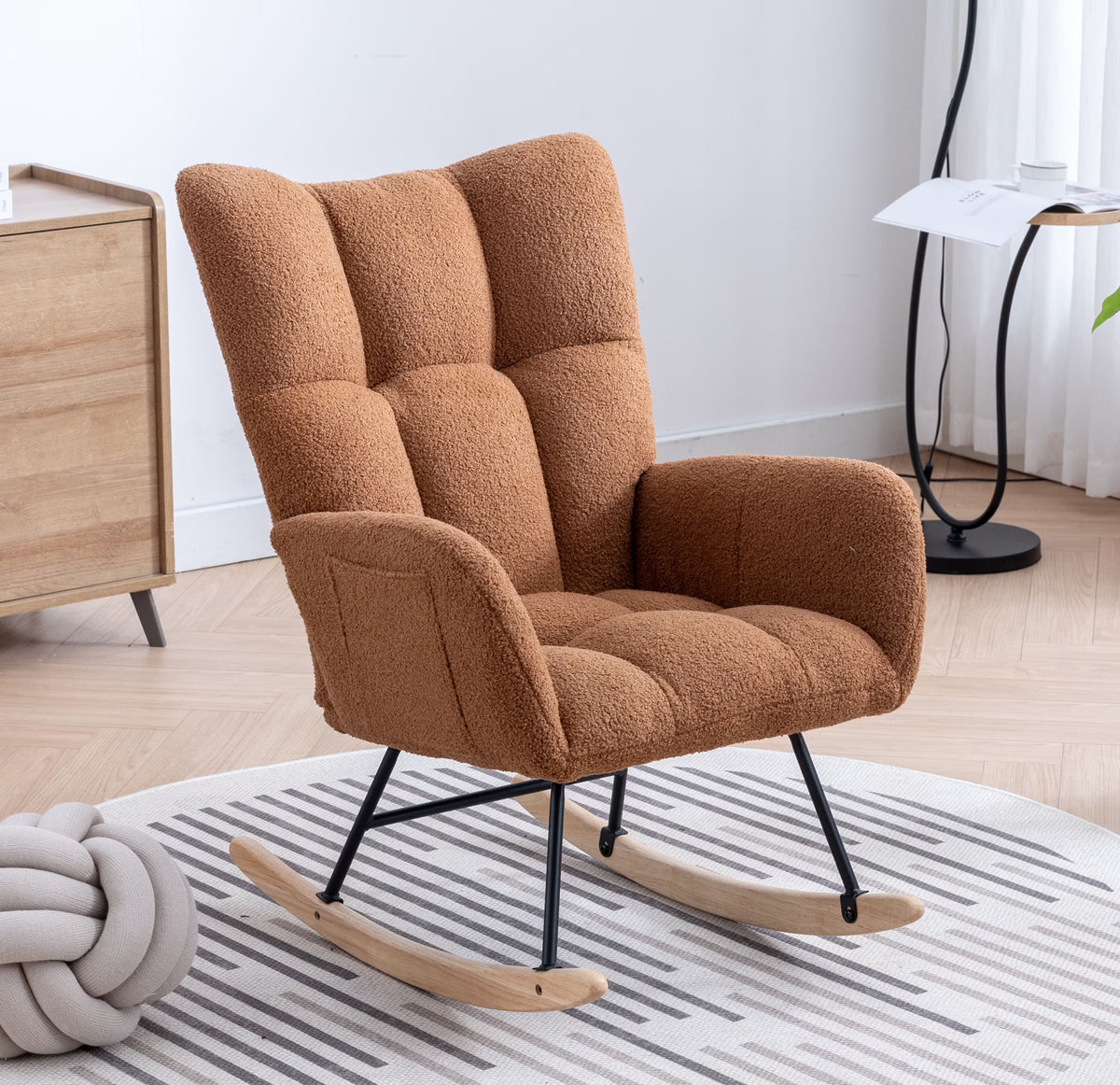 Rocking Chair Nursery,Teddy Upholstered Glider Rocker with High Backrest,Modern Rocking Accent Chairs Glider Recliner for Living Room, Nursery, Bedroom,White