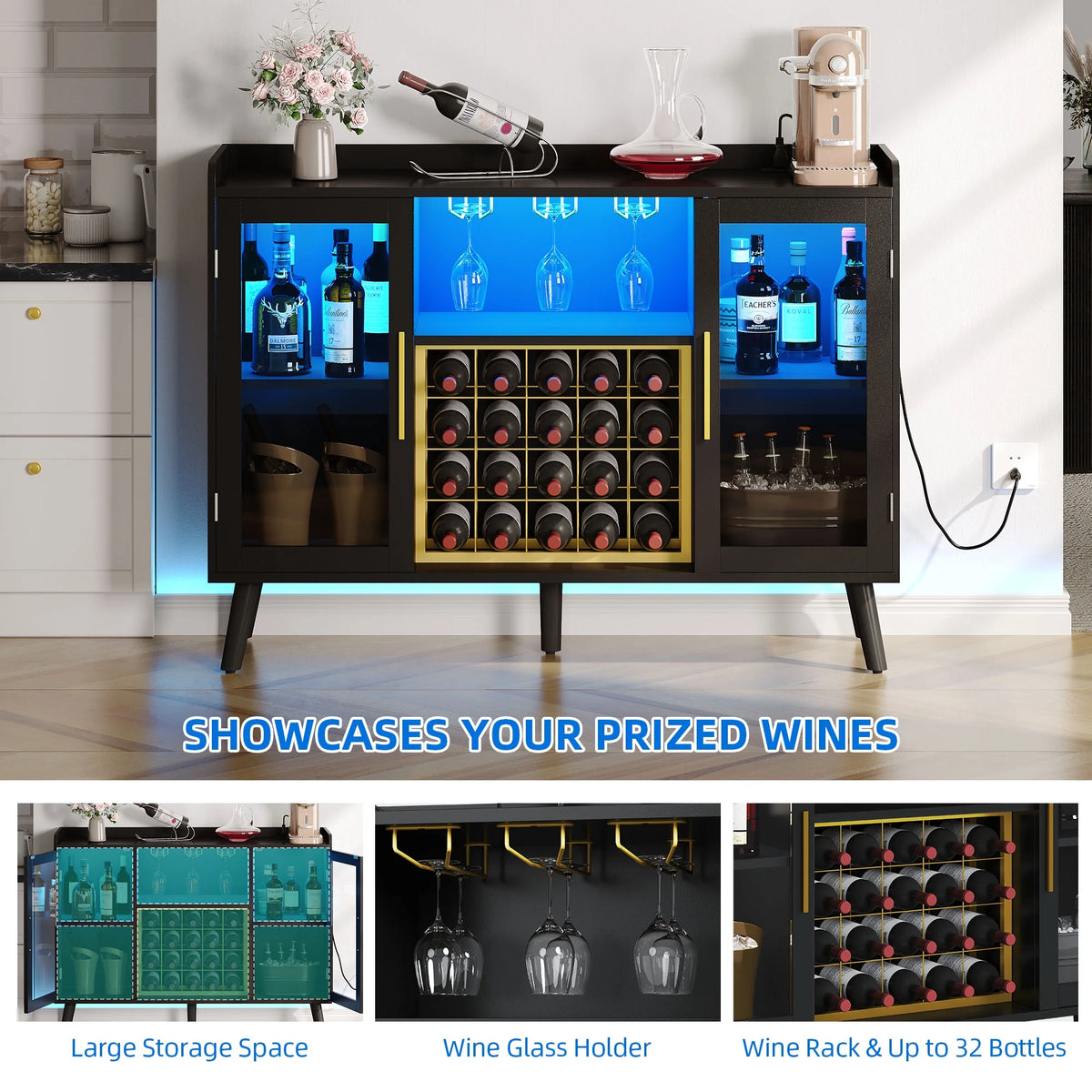 DEXTRUS Wine Bar Cabinet with Power Outlet & LED Light, Cabinet with Wine Rack & Glass Holder, White