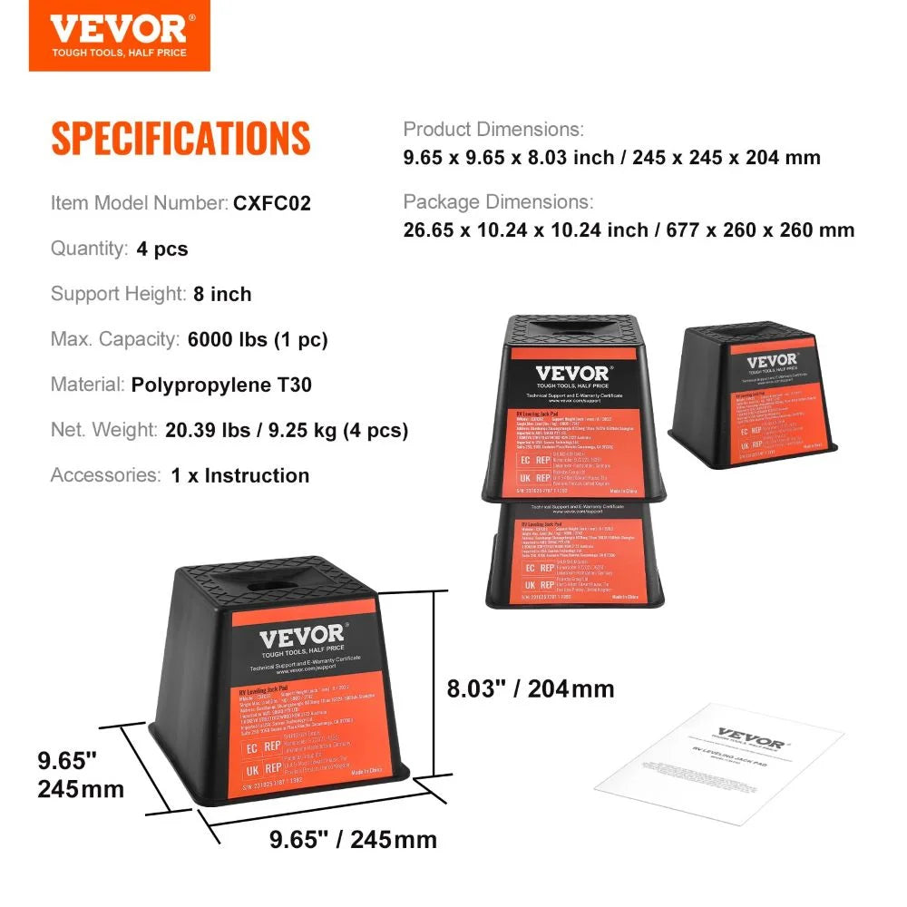 VEVOR Trailer Jack Block, 6000 lbs Capacity per RV Leveling Block, High-Quality Polypropylene RV Camper Stabilizer Blocks, RV Travel Accessories Use for Any Tongue Jack, Post, Foot, 5th Wheels, 4-Pack