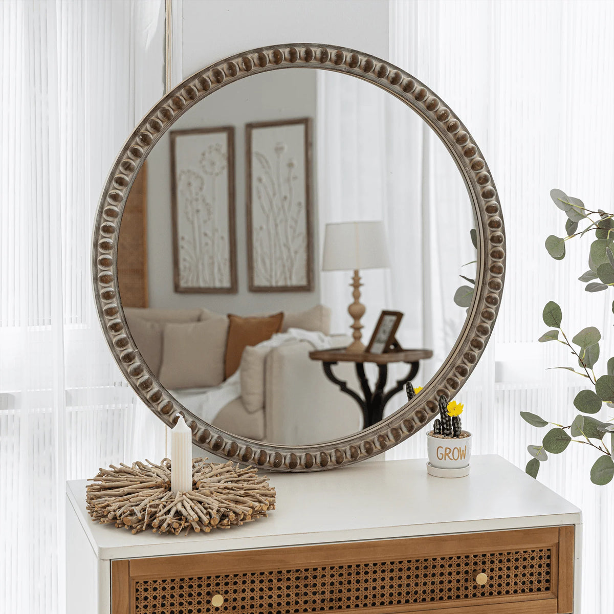 COZAYH Distressed Wood Frame Accent Mirror, Rustic Farmhouse Style Decorative Wall Mirror (Round)