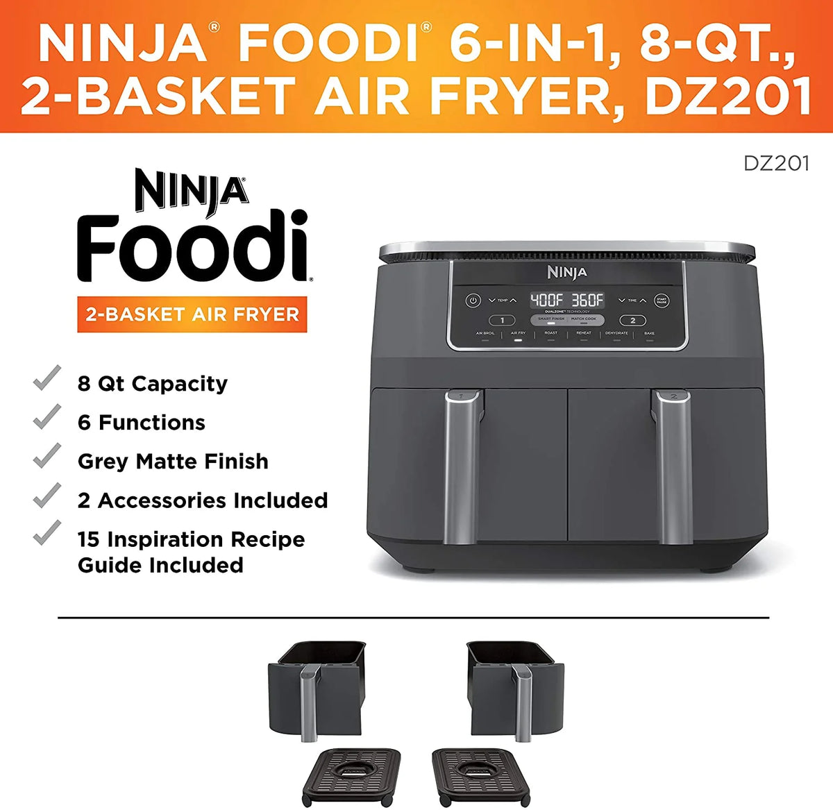 Restored Ninja DZ201 Foodi 6-in-1 2-Basket Air Fryer with DualZone Technology, 8-Quart Capacity, and a Dark Grey Stainless Finish (Refurbished)