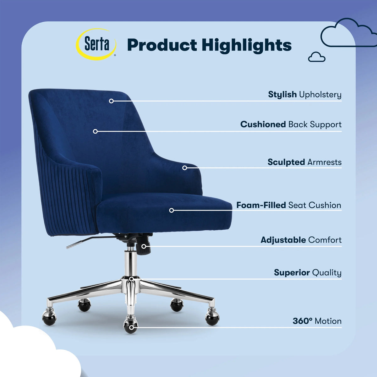 Serta Scarlett Modern Mid-Back Office Chair Velvet Fabric Gold Metal Base Pink