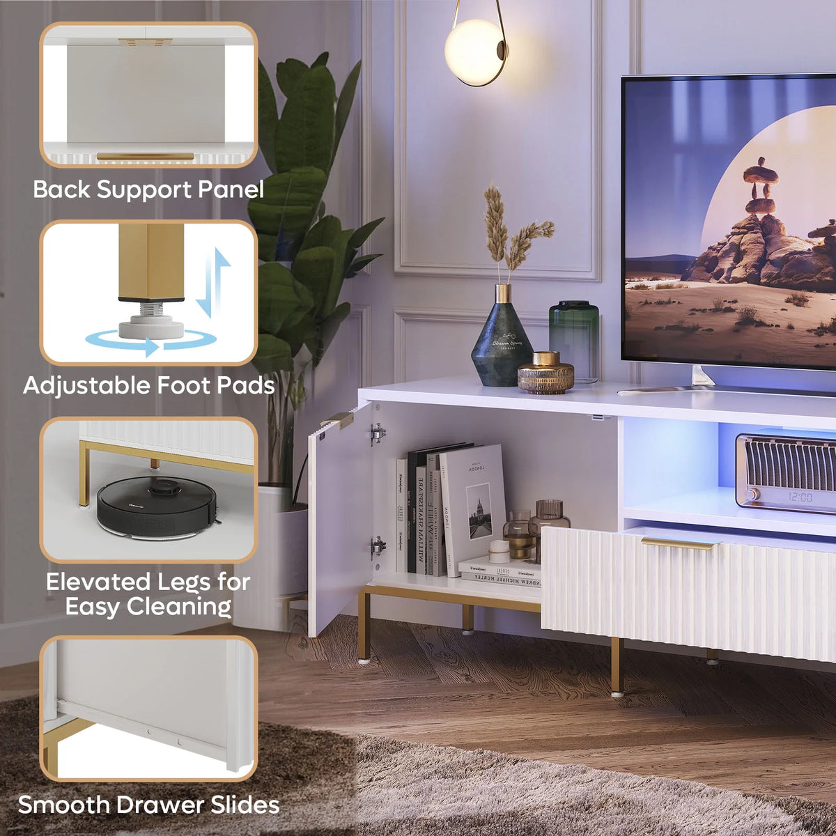 Bestier 55" LED TV Stand for TVs up to 60" Modern High Gloss Entertainment Center with Drawers Cabinets Fluted TV Console, White & Gold