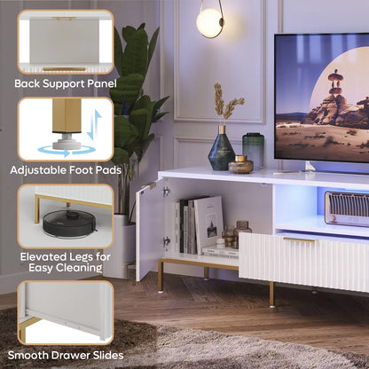 Bestier 55" LED TV Stand for TVs up to 60" Modern High Gloss Entertainment Center with Drawers Cabinets Fluted TV Console, White & Gold