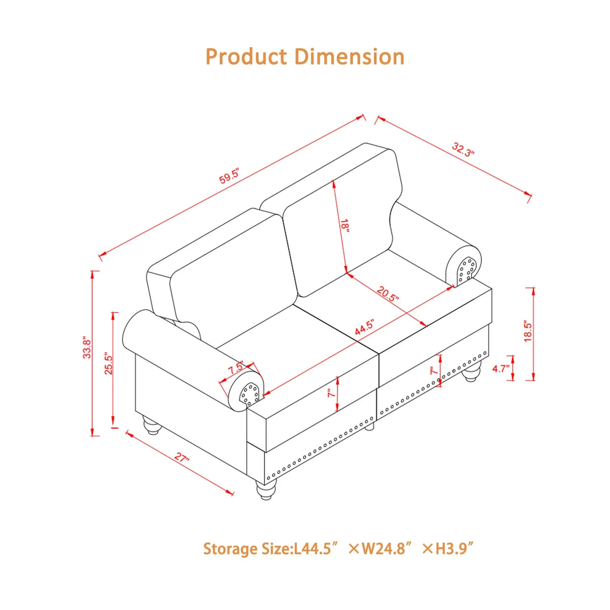 2 Piece Living Room Sofa Set, Modern Leather 3 Seater and Loveseat Sofa with Storage Seats and Rolled Nails Arms for Living Room, Brown