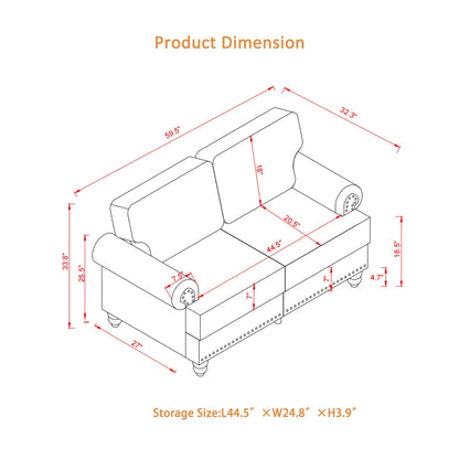 2 Piece Living Room Sofa Set, Modern Leather 3 Seater and Loveseat Sofa with Storage Seats and Rolled Nails Arms for Living Room, Brown