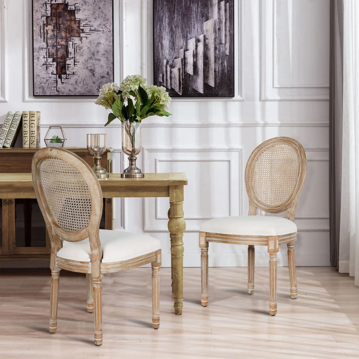 French Dining Chairs Set of 2 Beige Natural Fabric Round Back with Solid Wood Legs and Frame for Bedroom Dining Room Kitchen