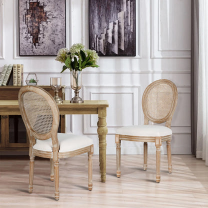 French Dining Chairs Set of 2 Beige Natural Fabric Round Back with Solid Wood Legs and Frame for Bedroom Dining Room Kitchen