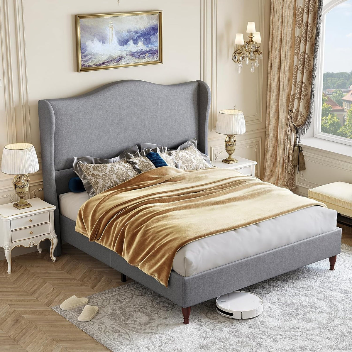 Neche Queen Upholstered Bed Frame with 51" Tall Headboard Classic Curved Wingback Platform Bed with Soft Fabric, Retro Simple Sleigh Bedframe No Box Spring Needed/Easy Assembly, White