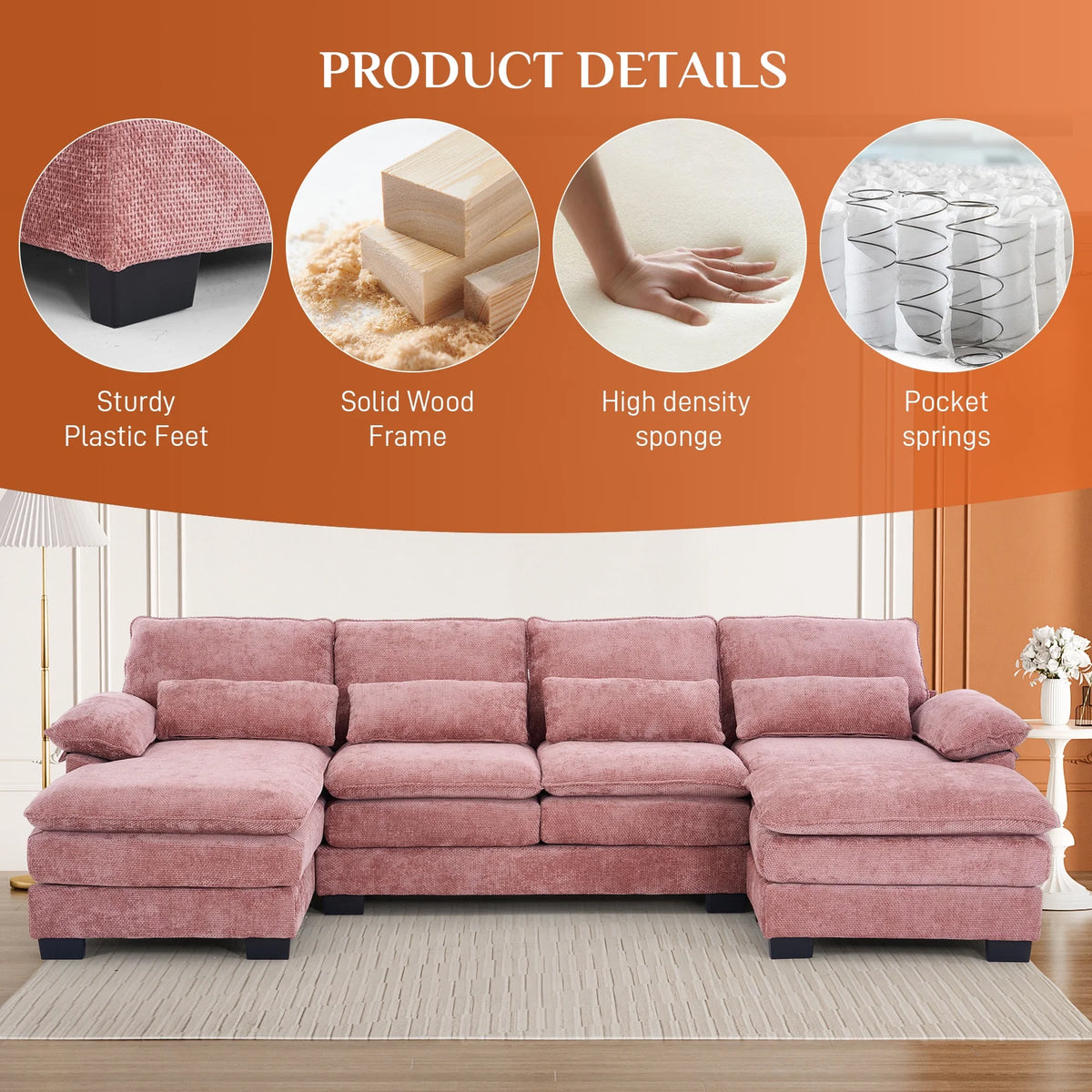 Rophefx 114.3" U Shaped Sectional Couches for Living Room,Cloud Couch,4 Seats Chenille Couch with Double Layer Cushion,Orange