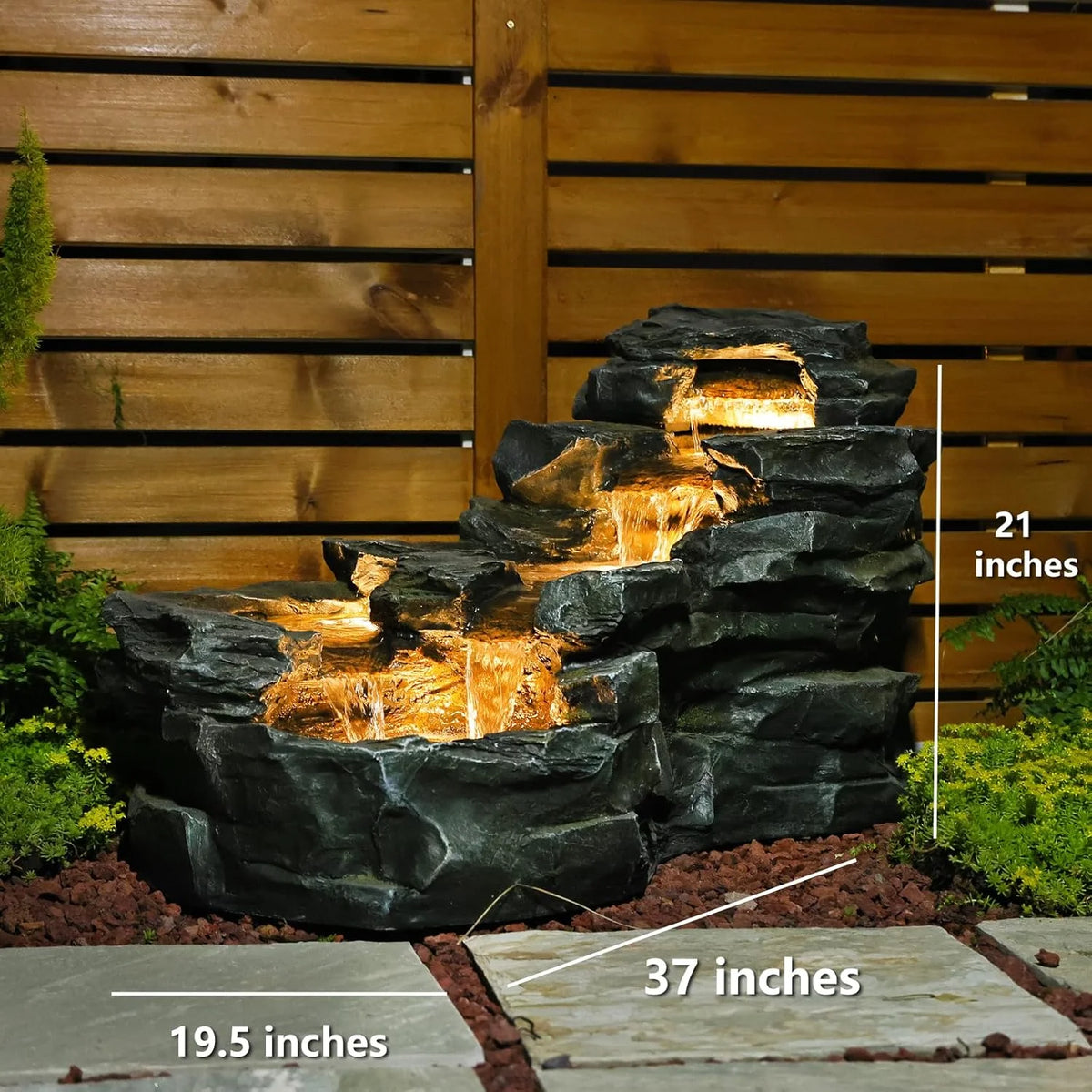 Outdoor Water Fountain Floor Standing Tiers Rock Natural Waterfall Outdoor Fountains with LED Lights for Garden, Patio, Porch
