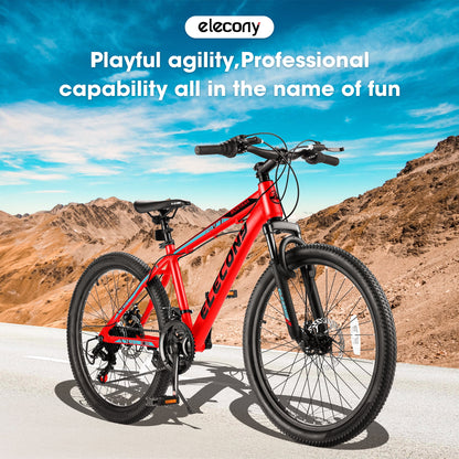 24 inch Mountain Bike for Teenagers,Shimano 21 Speed Mountain Bicycle with Mechanical Disc Brakes,Red