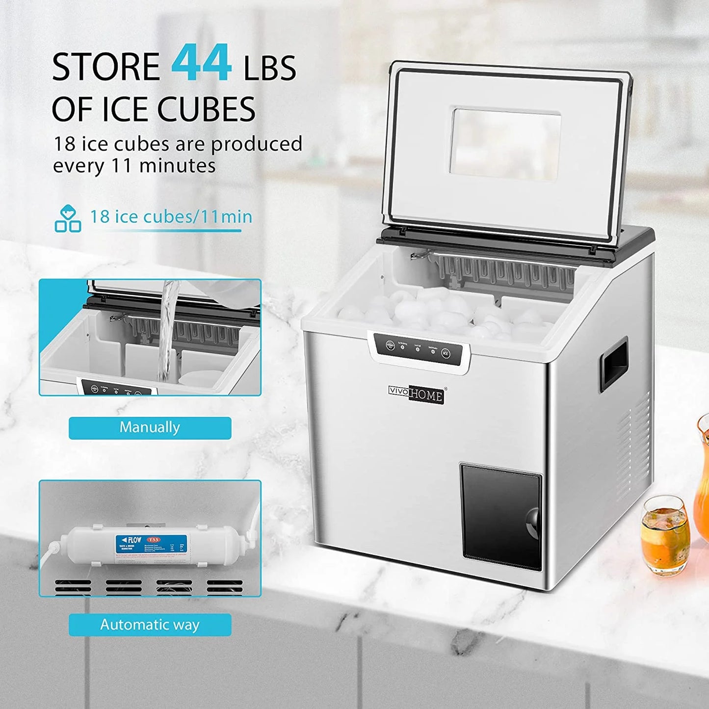VIVOHOME 2 in 1 Countertop Ice Maker & Ice Shaver Machine, 33lbs/Day