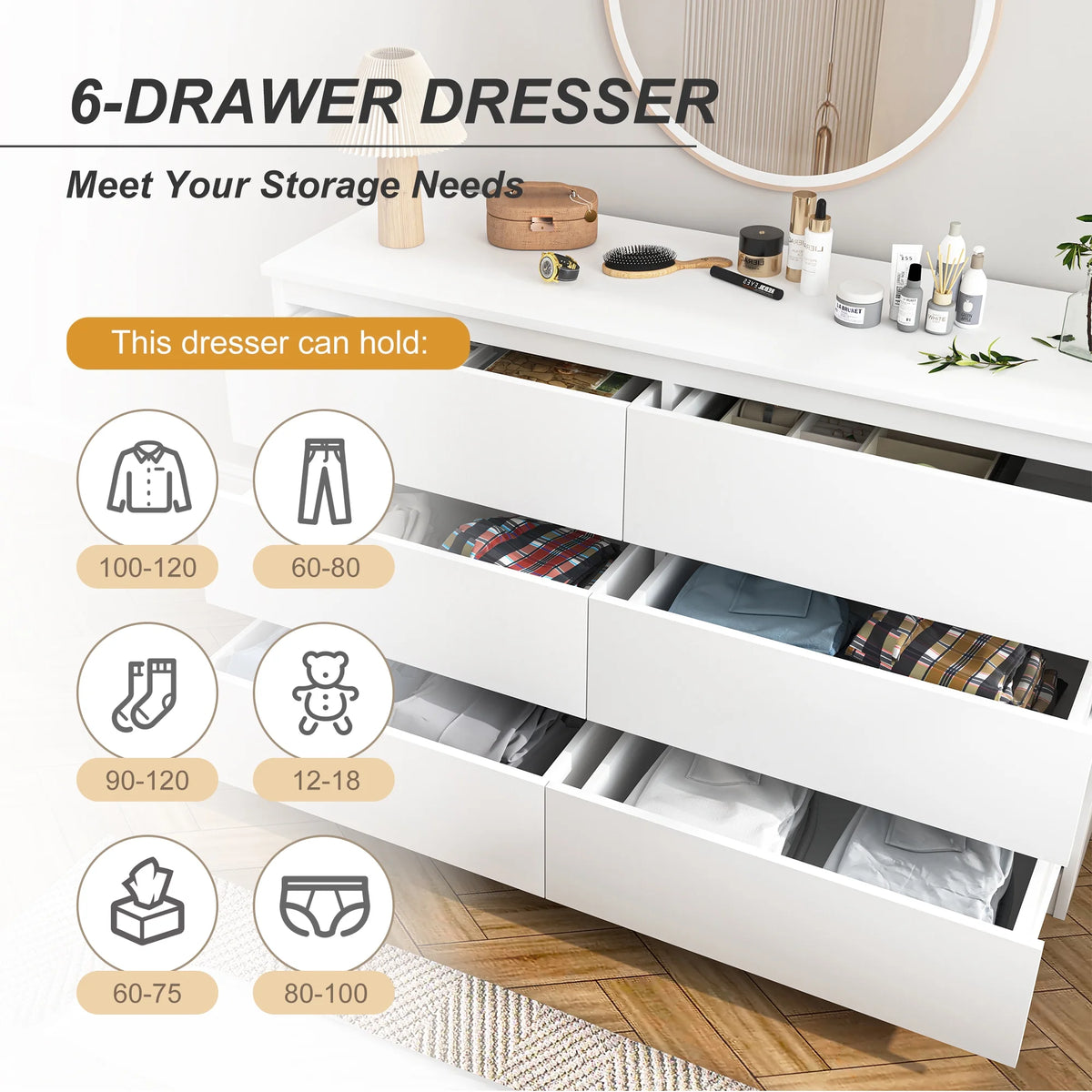Resenkos Modern Mid Century 6 Drawer Wide Dressers Chests for Bedroom, Chest of Drawer Organizer Grey