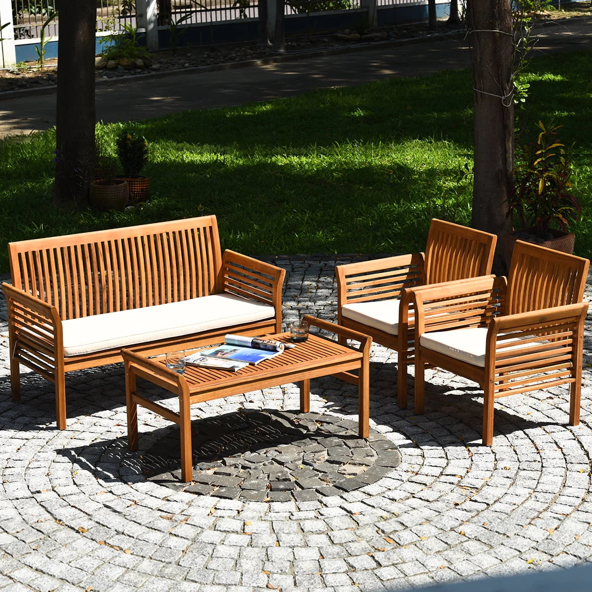 Costway 4 PCS Outdoor Acacia Wood Sofa Furniture Set Cushioned Chair Coffee Table Garden