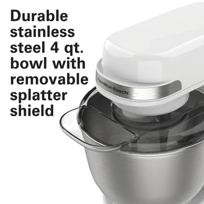 Hamilton Beach 4 Quart Stand Mixer for Kitchen, 7 Speeds, Tilt-Head, Dough Hook, Whisk & Flat Beater, White