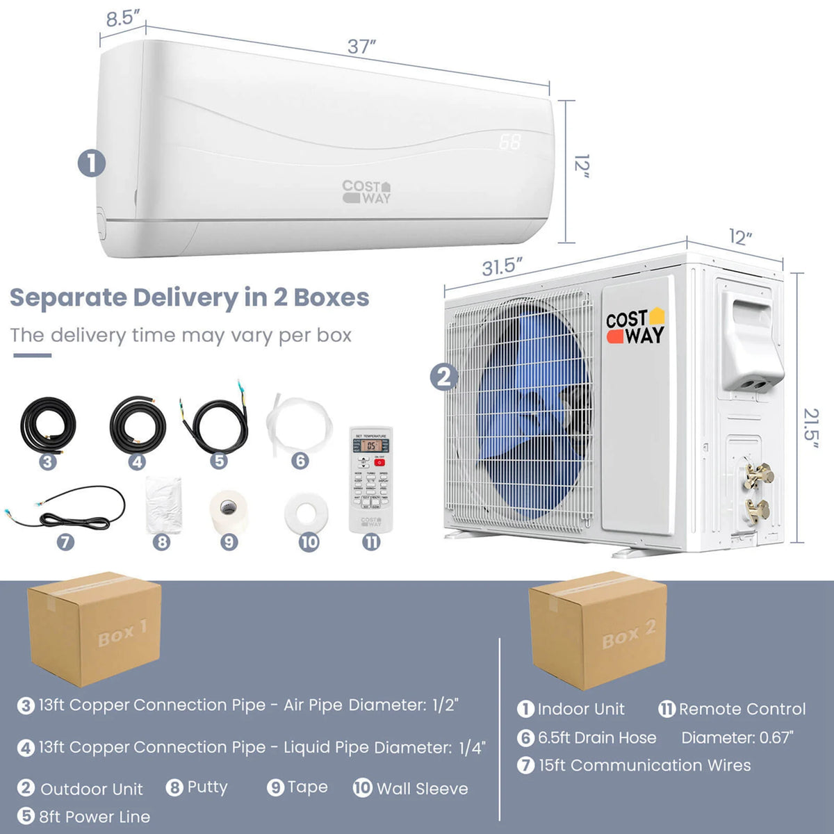 Costway 18000 BTU Mini Split Air Conditioner & Heater 19 SEER2 1250 Sq. Ft Coverage