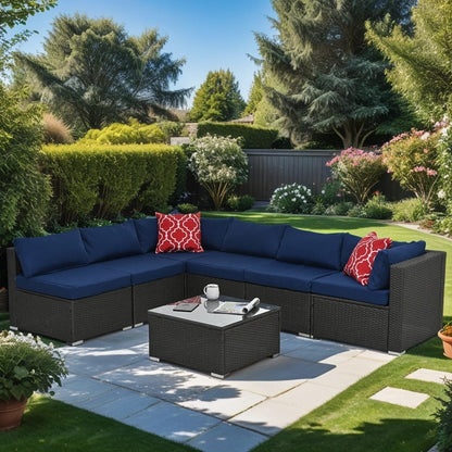 7 Pieces Outdoor Patio Furniture Set, Outdoor Sectional Rattan Sofa, PE Manual Weaving Wicker Patio Conversation Set with Cushion, Glass Table, Pillow, Dark Gray
