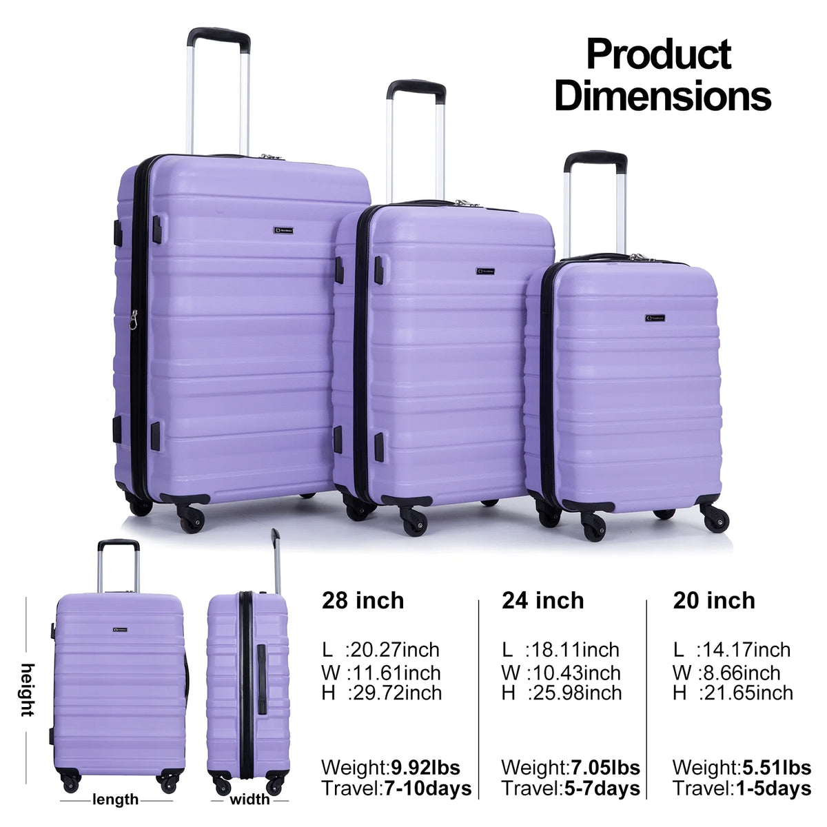 Tripcomp Hardside Luggage Set 3-Piece Set (21/25/29) Lightweight Suitcase 4-Wheeled Suitcase Set(Purple)