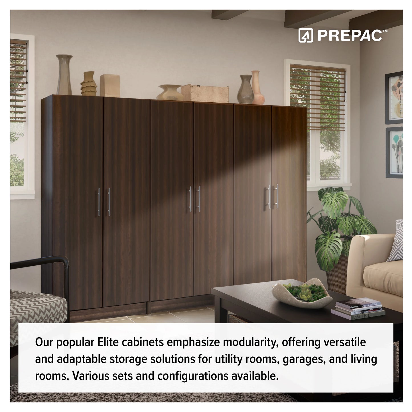Prepac Adjustable Shelves Cabinet - Functional Tall Garage Table, 16"D x 32"W x 65"H Freestanding Garage Cabinet with 2-Doors, Espresso - EES-3264