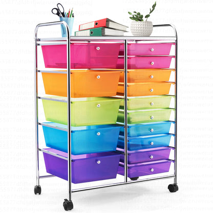 Costway 15 Drawer Rolling Storage Cart Tools Scrapbook Paper Office School Organizer White