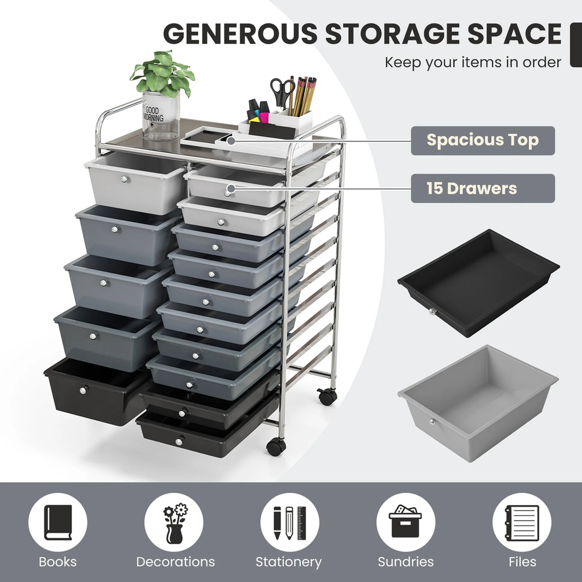 Costway 15 Drawer Rolling Storage Cart Tools Scrapbook Paper Office School Organizer White