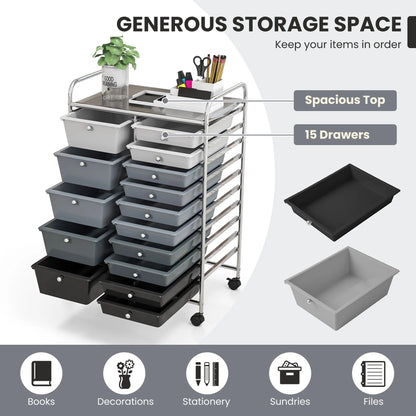 Costway 15 Drawer Rolling Storage Cart Tools Scrapbook Paper Office School Organizer White