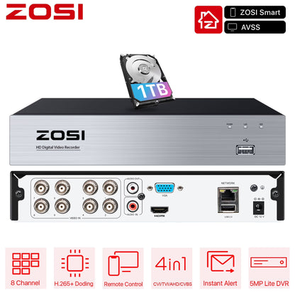 ZOSI H.265+ 8CH 5MP Lite CCTV 4-in-1 DVR for CCTV Security Security Camera System with 2TB HDD Home Outdoor