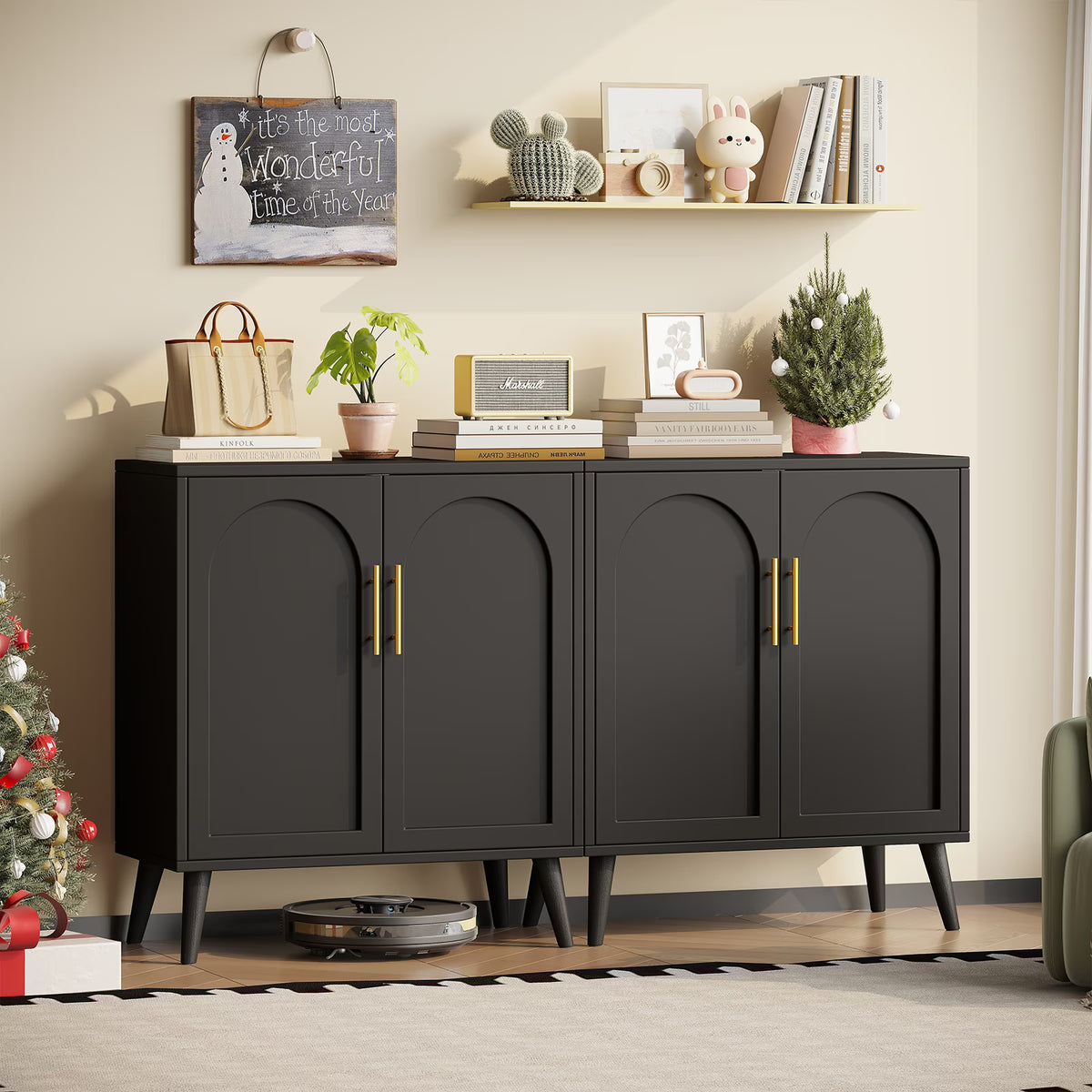 Rovaurx Set of 2 Rattan Storage Cabinet with Doors, Accent Bathroom Floor Cabinet, Modern Sideboard Buffet Cabinet for Living Room, Entryway, Dining Room and Kitchen, Natural