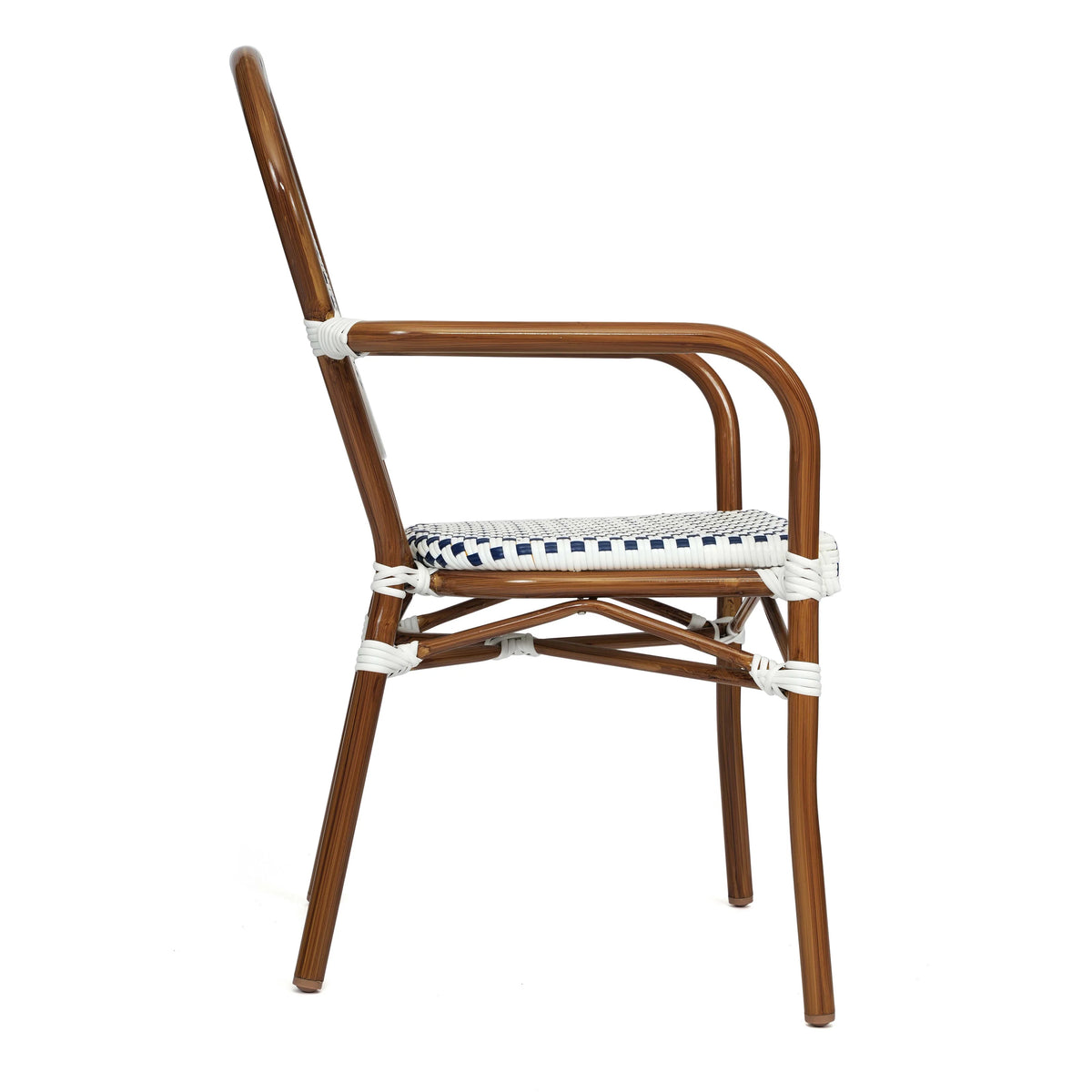 Merrick Lane Stacking Thonet French Bistro Style Chair with Arms, Black & White PE Rattan Seat, and Bamboo Finished Metal Frame for Indoor/Outdoor Use