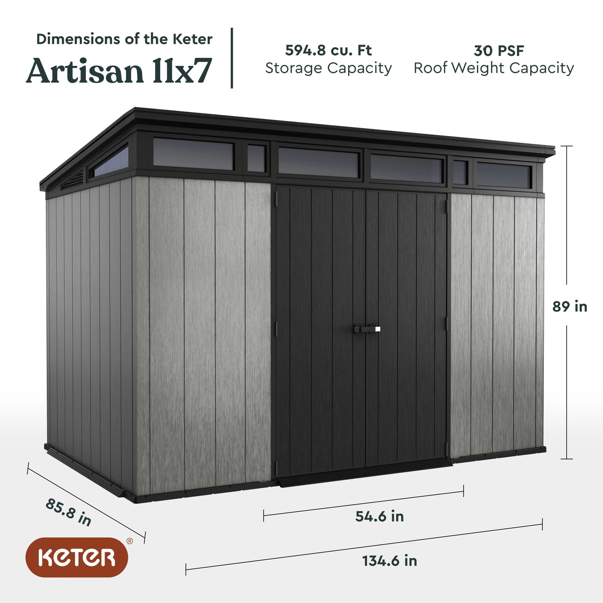 Keter Artisan 9x7 Foot Large Outdoor Shed & Floor w/Modern Design, Grey