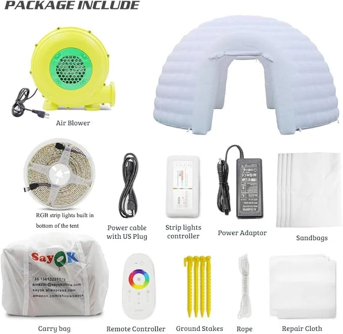 Portable White LED Lighting Inflatable Igloo Dome Tent Marquee Canopy Shelter with Air Blowerfor Exhibition Camping Party Events