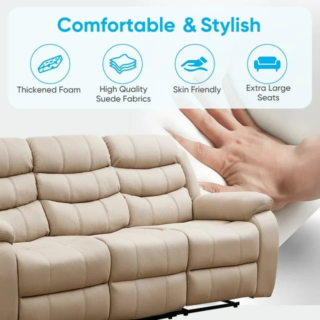 MUZZ Modern Reclining Sofa ,3-Seater Recliner Sofa with Cup Holders, Flip-Up Storage, Reversible Backrest and Footrest, Gray