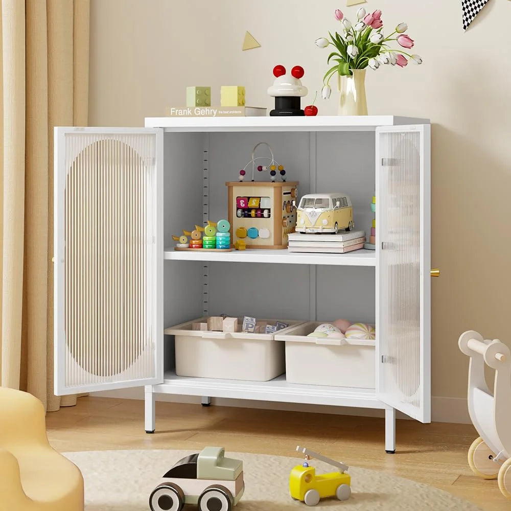Small 2 Transparent Door Metal Storage Side Buffet Cabinet for Bed Room,Living Room,Entryway,Hallway,Home,Hotel,Office,Garage,Kitchen,1 Removable Shelf.