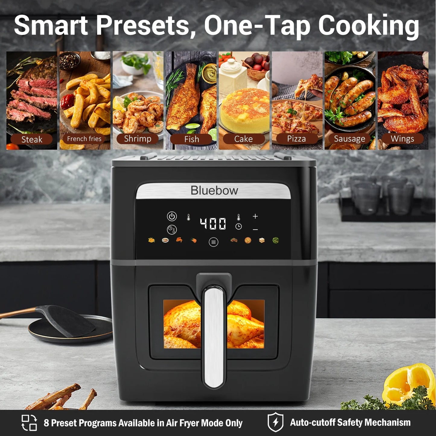 Bluebow 9QT  Air Fryer & Grill Pan Combo, Large Capacity, 8 Preset Functions, Non Toxic, Non-Stick, View Window, Black