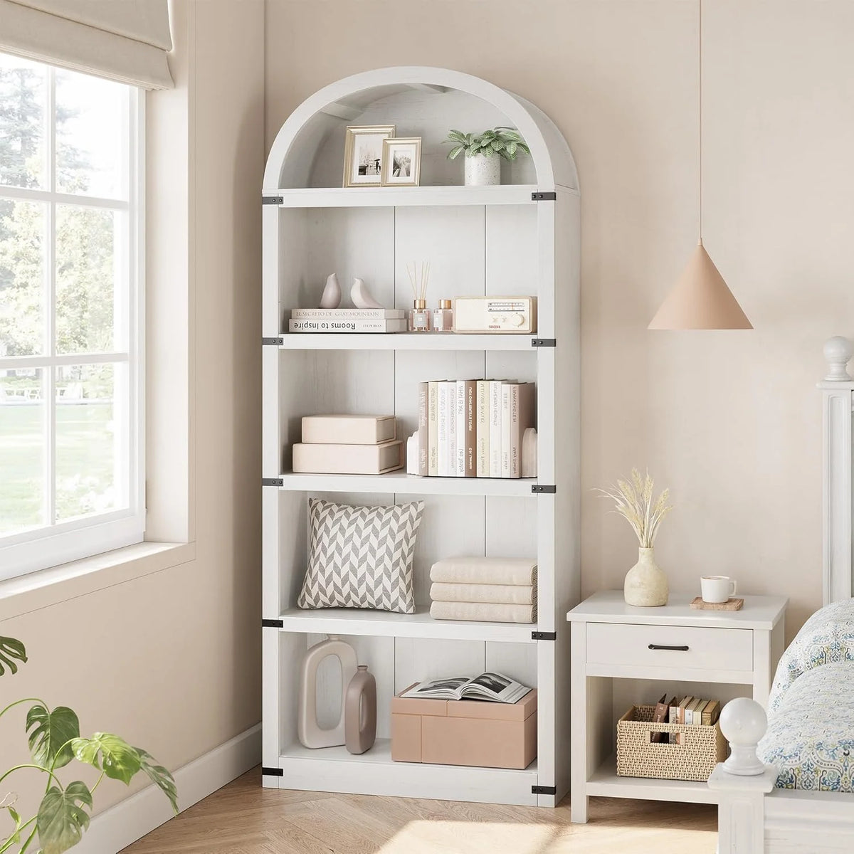 Bookcase 5 Shelf Arched Bookshelf 71.65in Tall Bookcase Farmhouse Display Storage Rack Wooden Bookshelves for Home Office, Living Room(white)