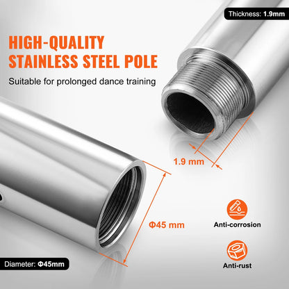 KFFKFF Expert Dance Pole, Rotating and Stationary Dance Pole Set, Detachable Portable Pole, 45mm Robust Stainless Steel Pole, Fitness Pole with Adjustable Height, Suitable for Workout Home, Silver