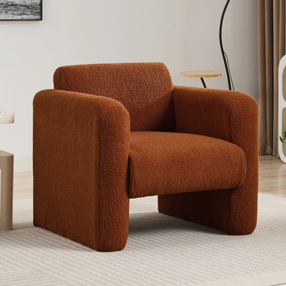 Euroco Modern Accent Chair Lambskin Sherpa Fabric Upholstered Comfy Reading Arm Chair Soft Padded Armchair with Back and Pillow,Burnt Orange