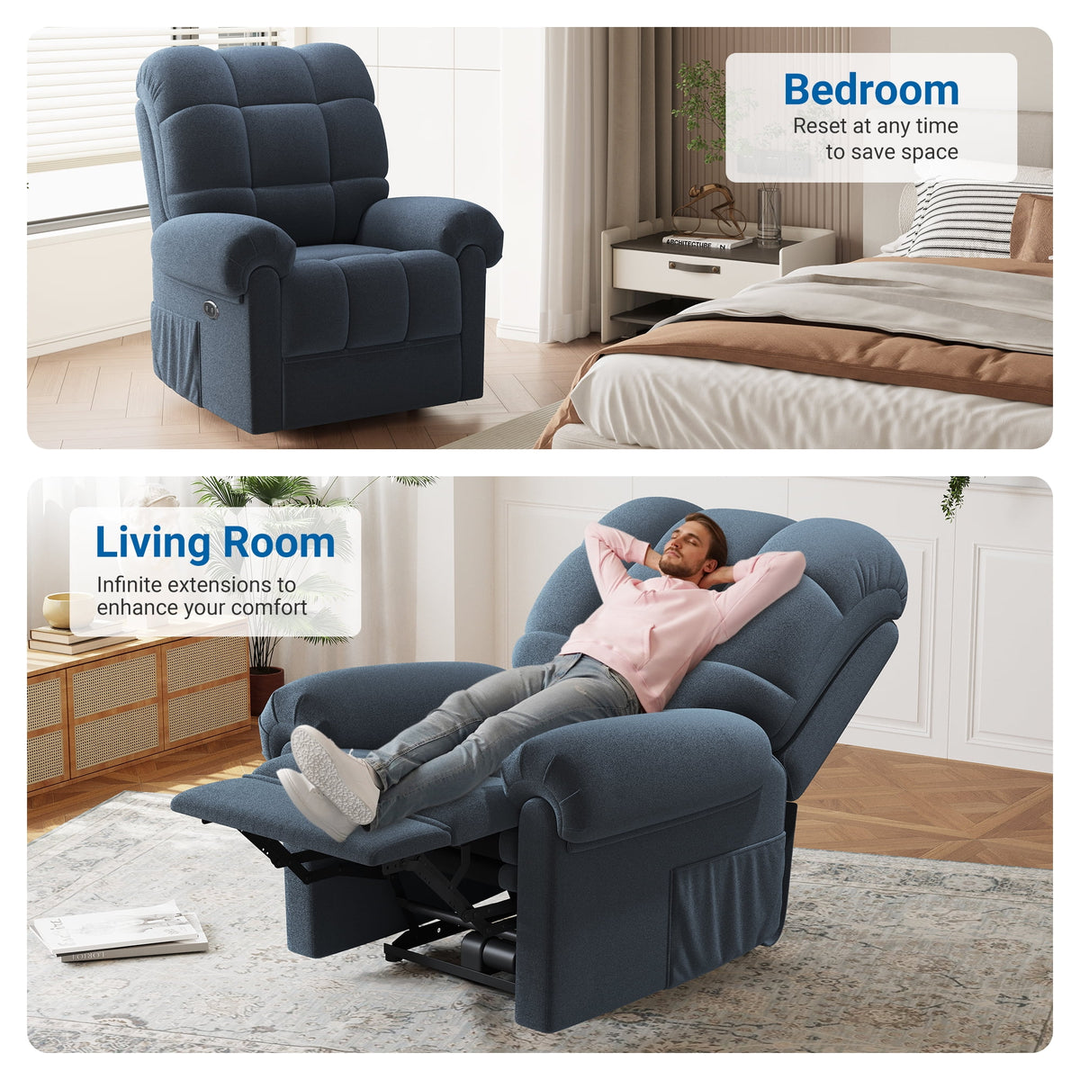 Power Recliner Chair,Electric Recline Sofa Chair for Adults with USB Port,Comfy Teddy Fleece Adjustable Cloud Sofa,Tool-Free Setup,Beige White