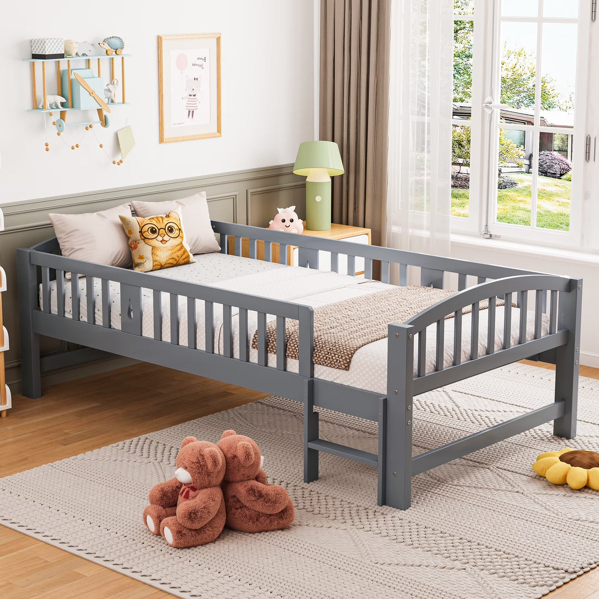 SESSLIFE Twin Size Platform Bed, Solid Wood Twin Bed Frame with Slats, Fence Guardrail Ladder, Twin Floor Bed with Strong Legs for Boys Girls, No Box Spring Needed, Holds 400 lbs, White