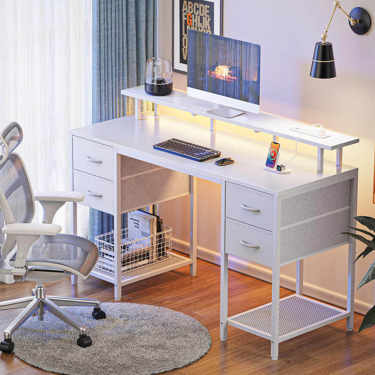 55.1" LED Gaming Desk with Drawers, Computer Desk with Outlets, Office Desk with 4 Drawers, Corner Desk, Writing Desk in White