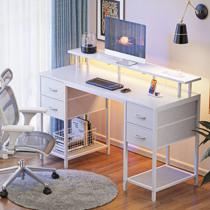 55.1" LED Gaming Desk with Drawers, Computer Desk with Outlets, Office Desk with 4 Drawers, Corner Desk, Writing Desk in White