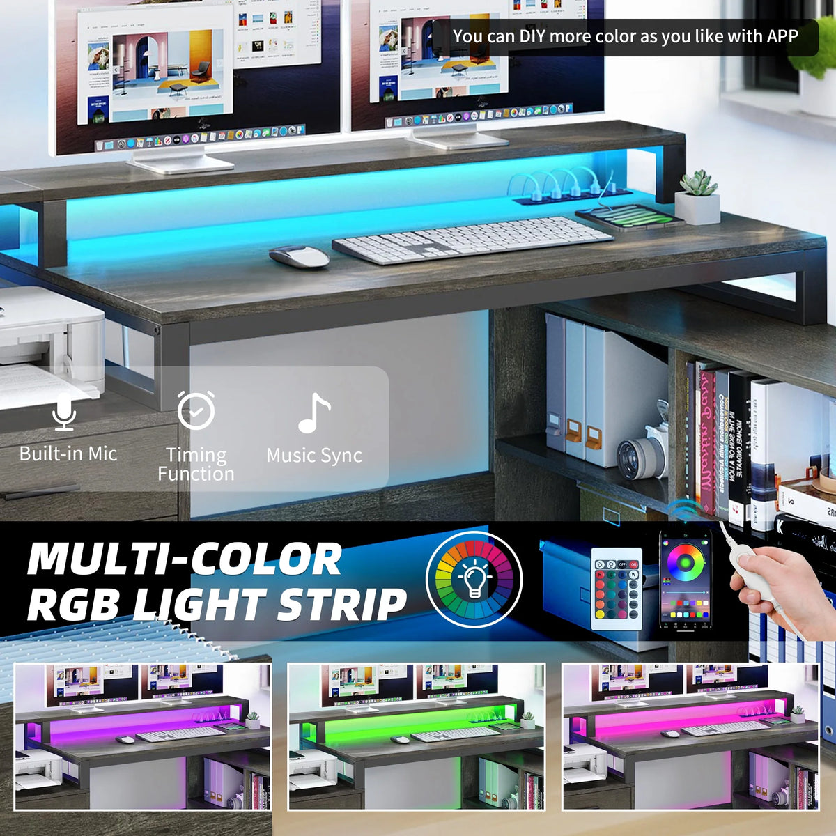 Dextrus 65" L Shaped Desk with Power Outlets and Monitor Stand , Computer Desk with LED Light &File Cabinet, Corner Desk with 3 Drawers & 4 Open Storage Shelves, Modern Home Office Desk, White
