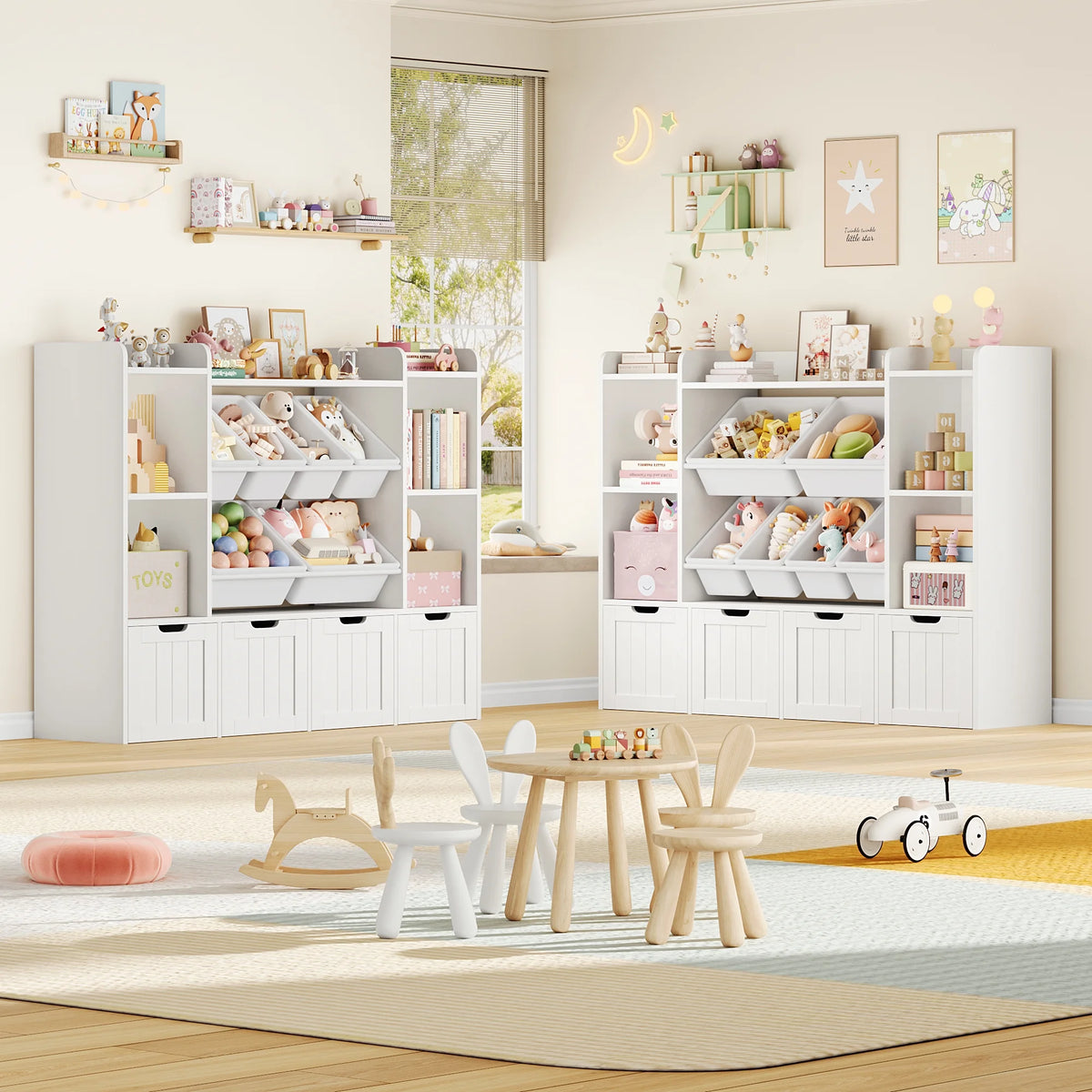 Hiphuta 3 Tier Kids Bookcase with Toy Storage Organizer, Wood Toy Organizer of 6 Boxes & 4 Removable Drawers, White